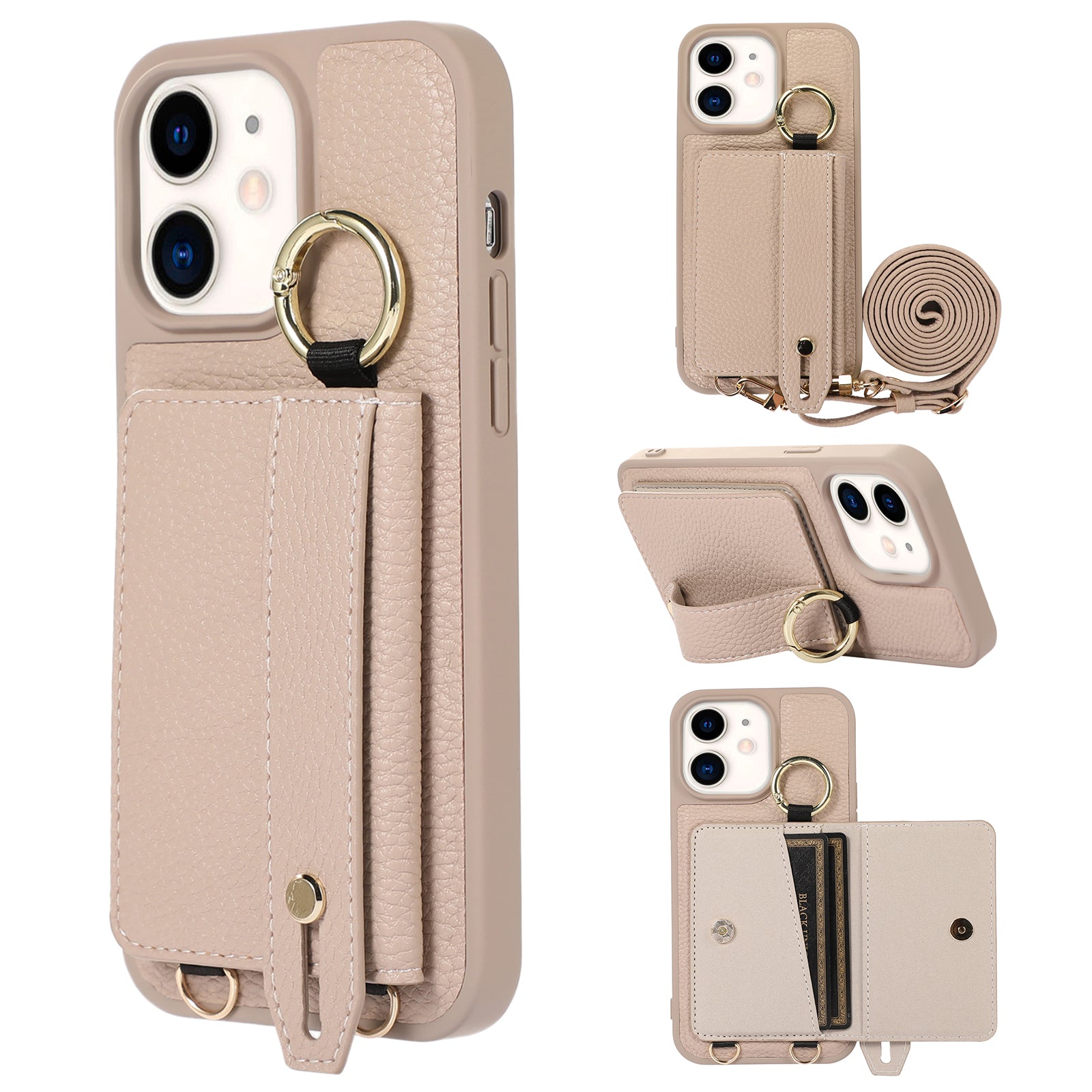 Fall-proof Cover for iPhone 11 6.1 inch Card Holder Hand Strap Leather TPU Phone Kickstand Case with Shoulder Strap Fall-proof Cover for iPhone 11 6.1 inch Card Holder Hand Strap Leather TPU Phone Kickstand Case with Shoulder Strap